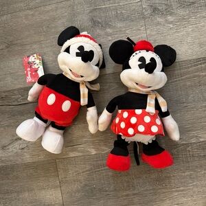 Animated Disney Mickey and Minnie Mouse Christmas Plush Set - Red and Black 13”